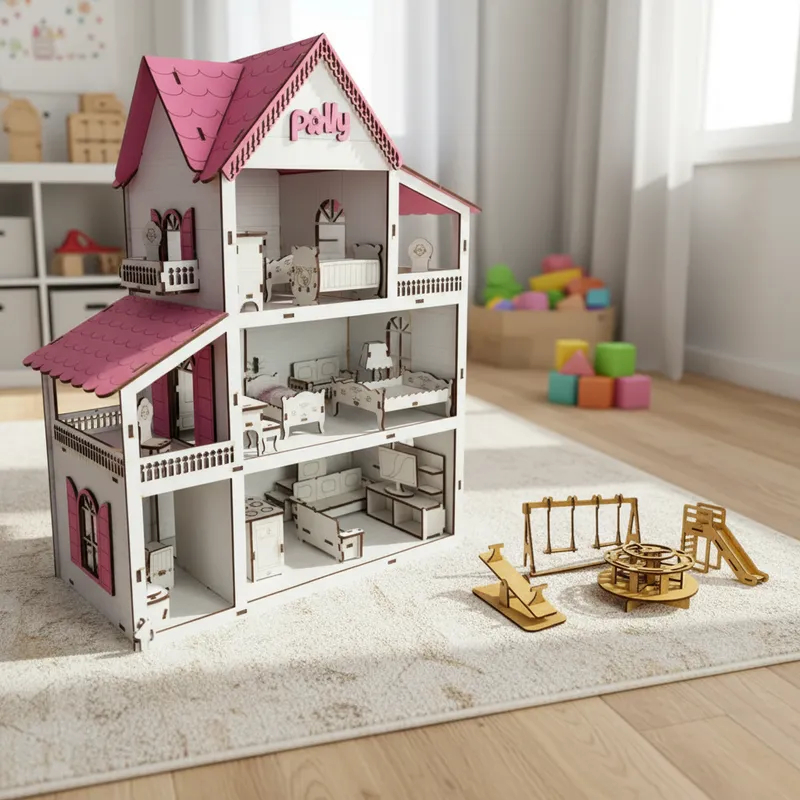 Casinha De Boneca 43cm X 33cm Em Madeira Mdf  + Kit Mini Móveis Com 19 Unidades