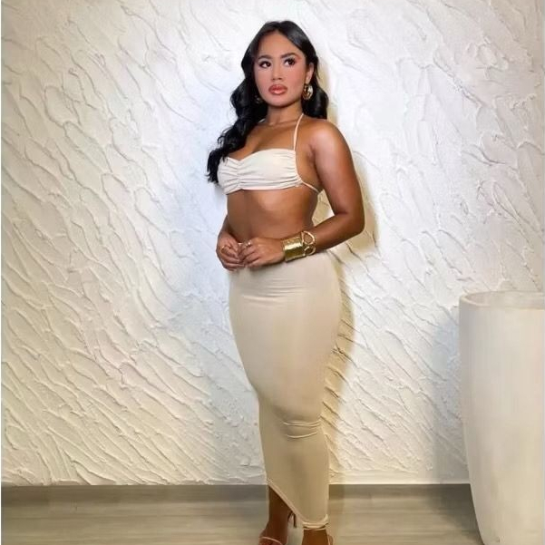 Conjunto Saia Midi + Cropped Sutiã Feminino Praia Verão
