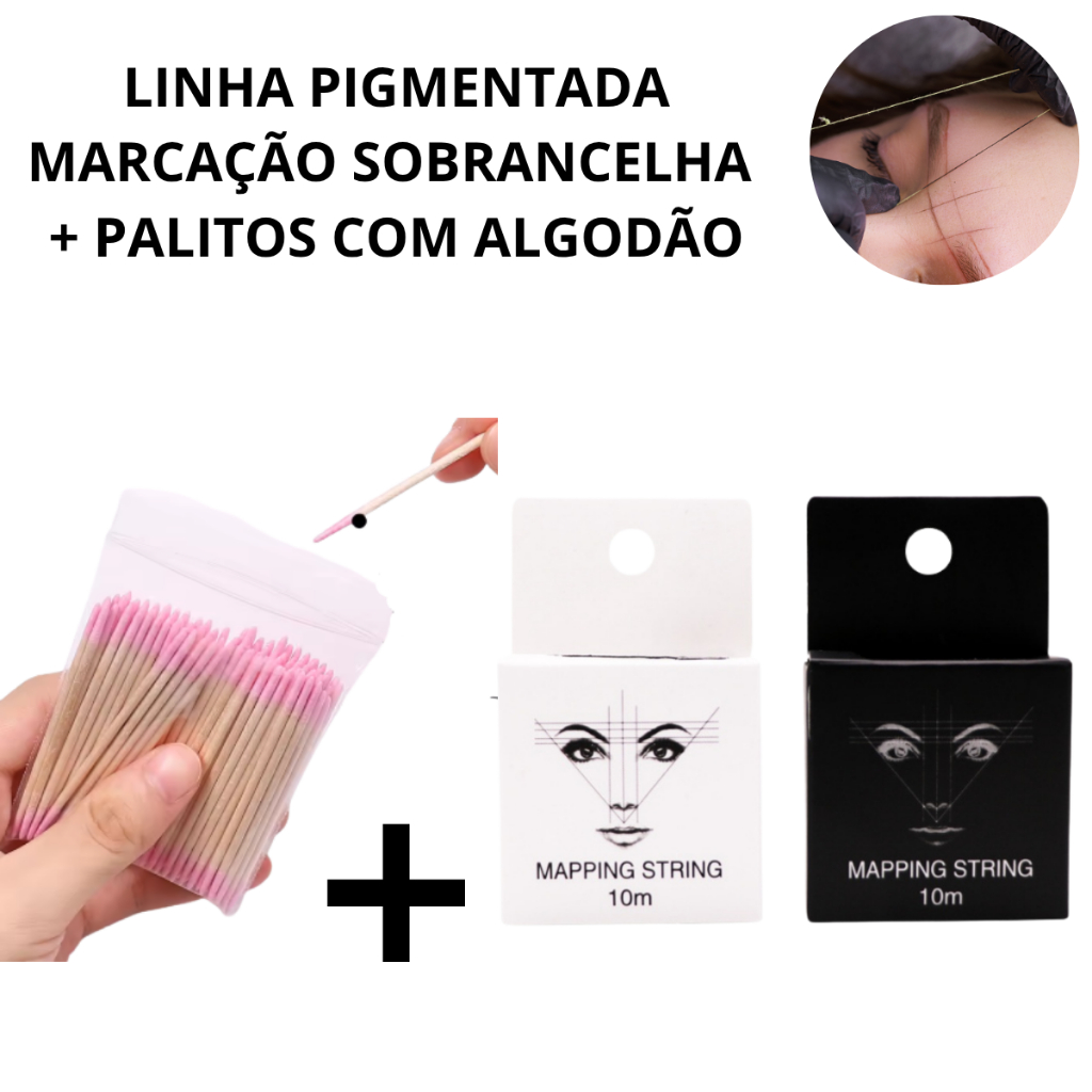 KIT Linha Pigmentada Marcação de Sobrancelhas 10m+ Palitos com Algodão de Limpeza Alinhamento Design