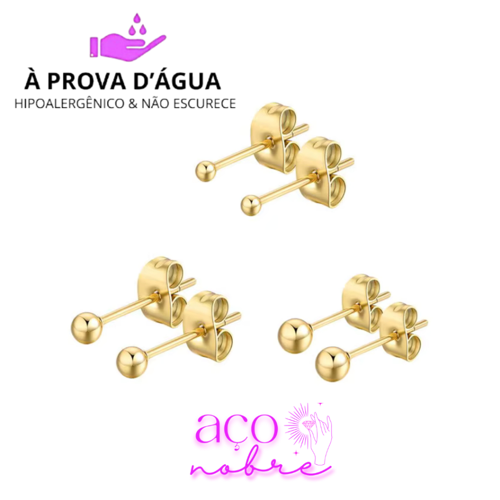 Brinco de Esferas Aço Inox Dourado Brincos Bolinha Banho PVD Não Escurecem Hipoalergênicos