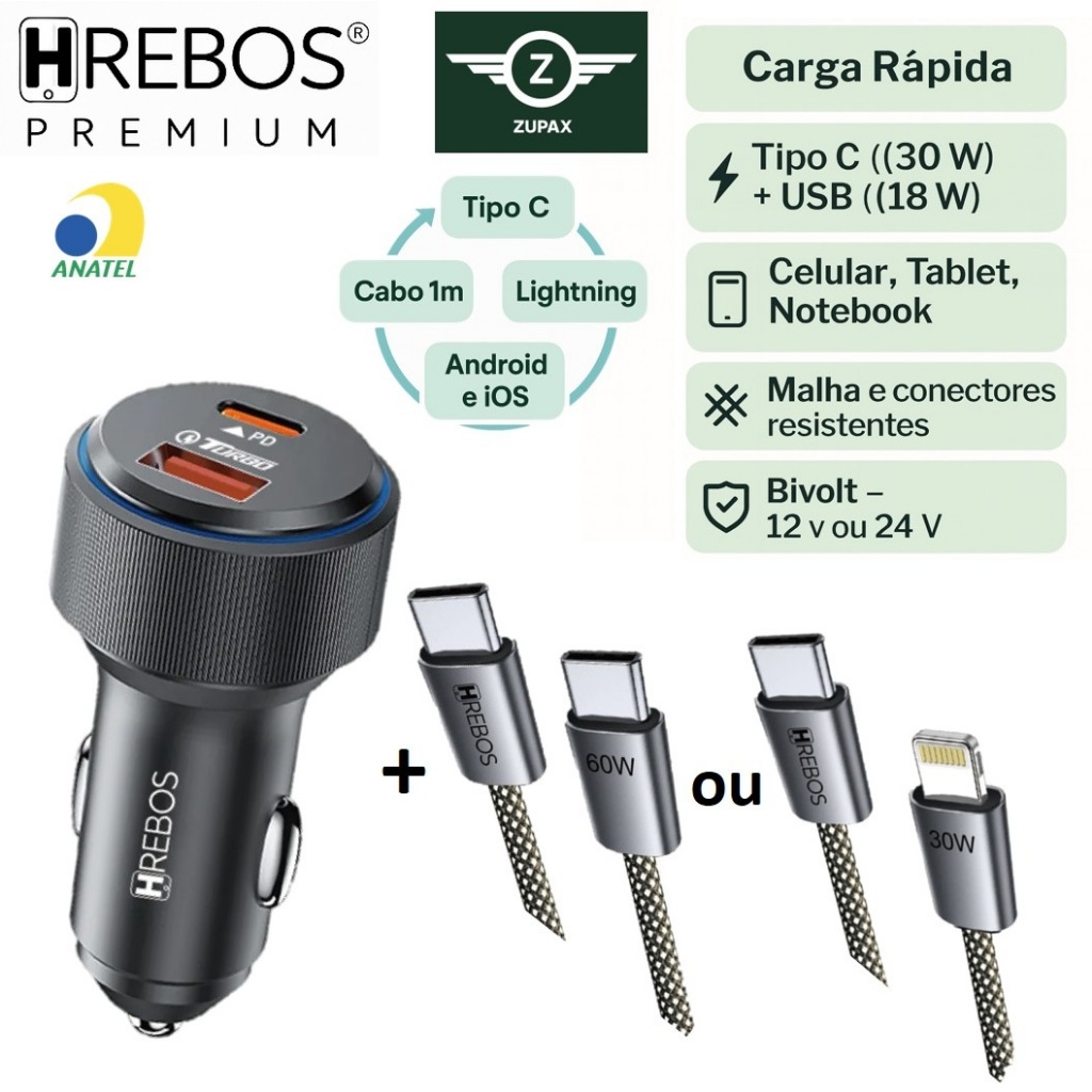 Carregador Veicular Turbo Duplo | Tipo C 30w + USB 18w | Android iOS iPhone Lightning NFe Anatel