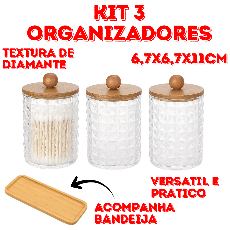 Kit 3 Organizadores 6,7x6,7x11cm Com Tampa De Bambu E Bandeja Textura De Diamante