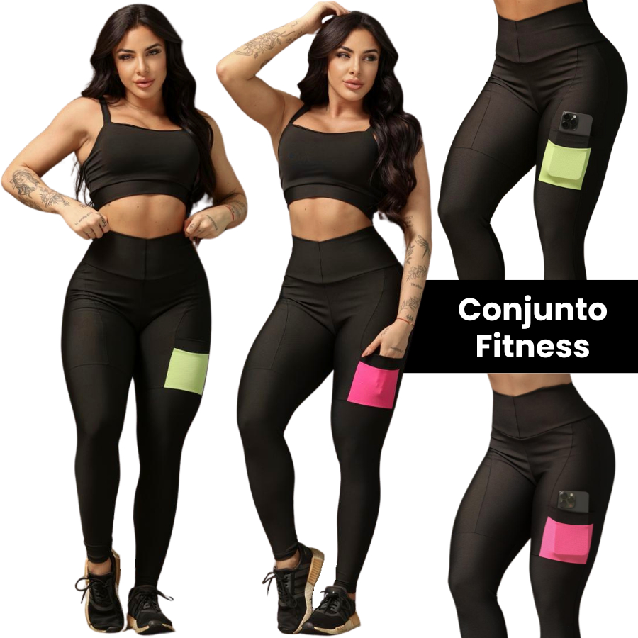 Conjunto Academia Calça Legging + Top Fitness Zero Transparência Cintura Alta Treino