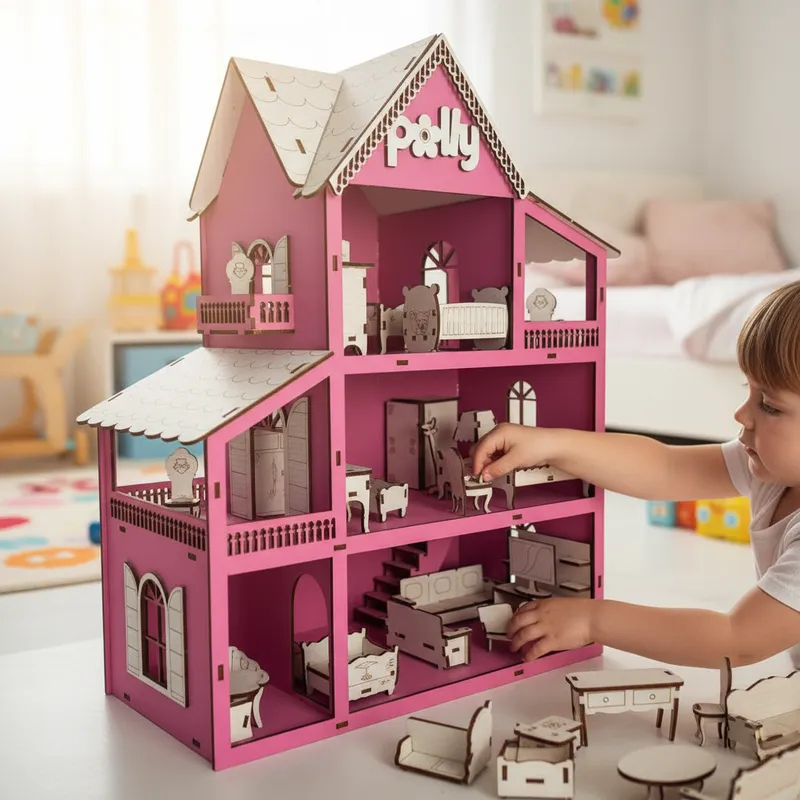 Casa Casinha De Boneca + Kit 30 Moveis Em Mdf Pintado Rosa Polly