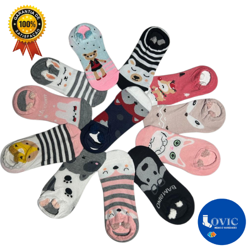 Kit Até 24 Pares Meias Adulto Soquete Confortavel Bichinhos Divertida Cano Curto Tamanho único 35-40