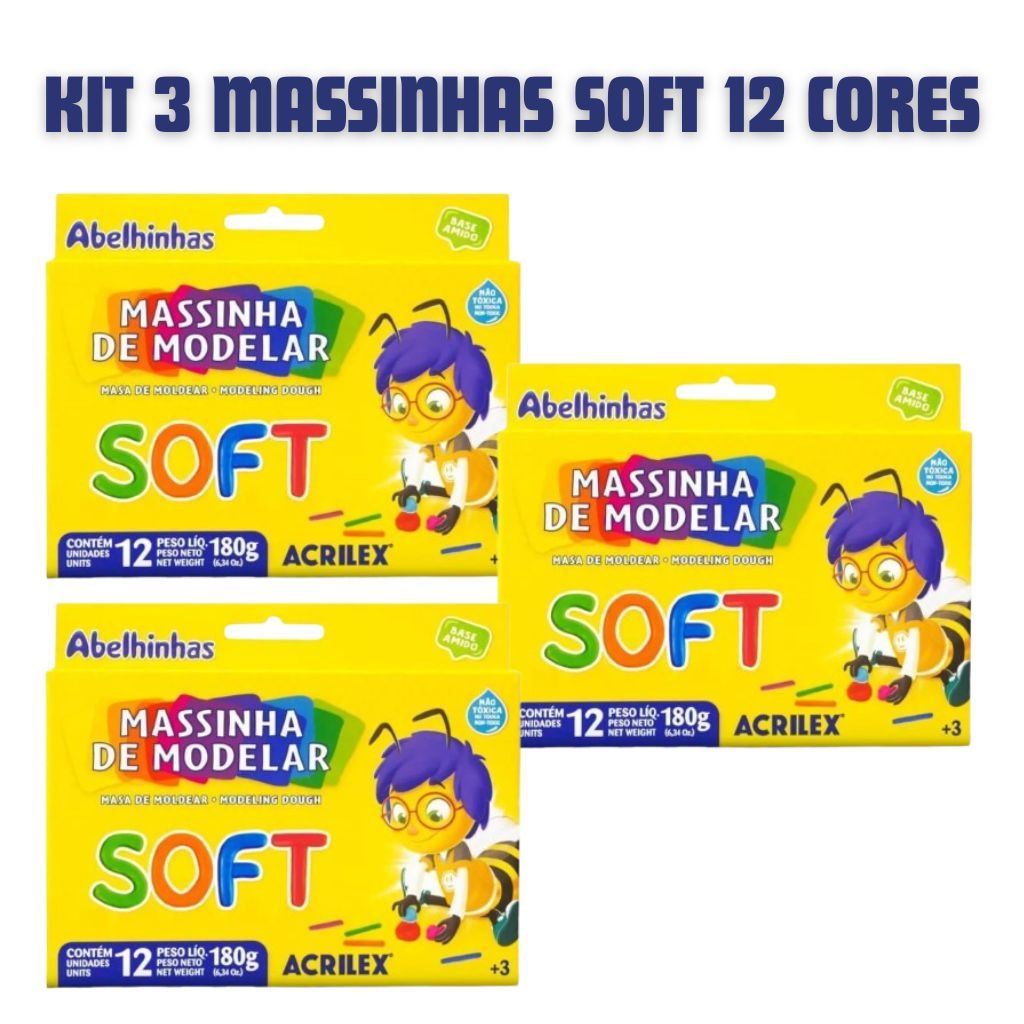 Kit 3 Massinhas Soft Escolar 12 Cores ACRILEX