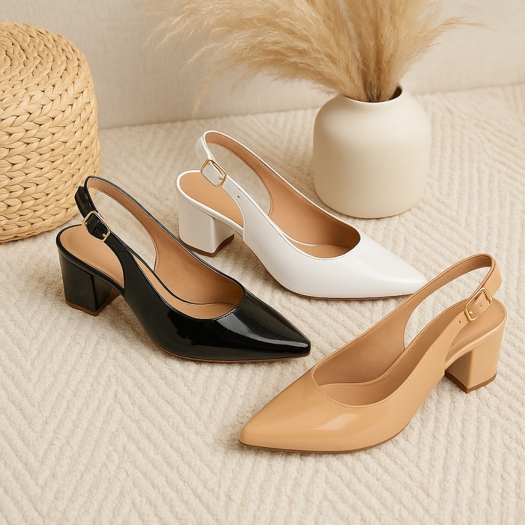 Sapato Feminino Scarpin Social Traseiro Aberto Fivela Bico Fino Salto Slingback Luxo Confortavel Noiva Elegante Bonito