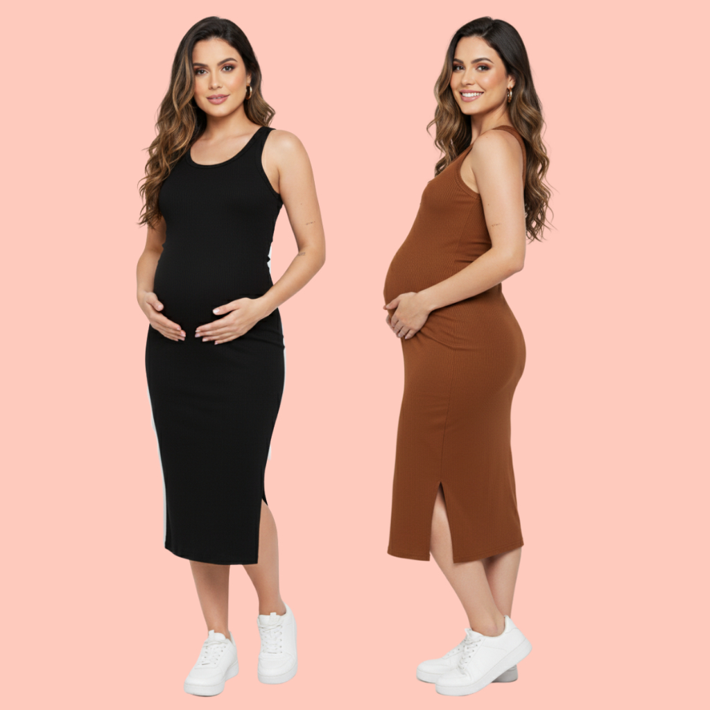 Kit 2 Vestido Gestante Canelado Midi Com Fenda Lateral