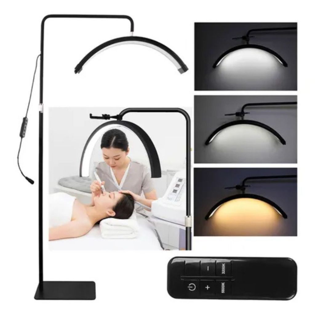 Luminária LED Arco Meia Lua Com Suporte Celular Base de Chão Profissional Multifuncional