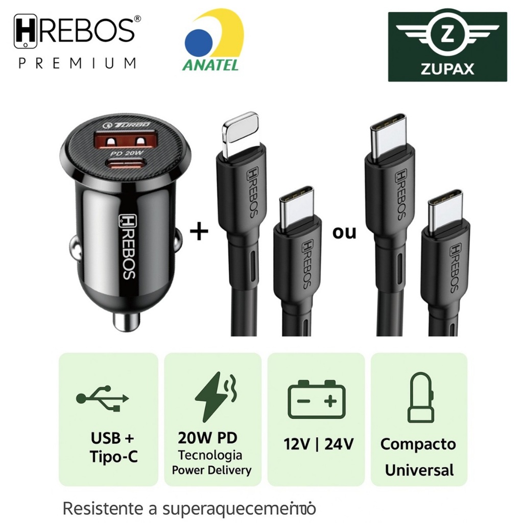 Carregador Veicular Mini PD 20w Turbo Tipo C Power Delivery + USB Compatível Android iPhone Pro Max