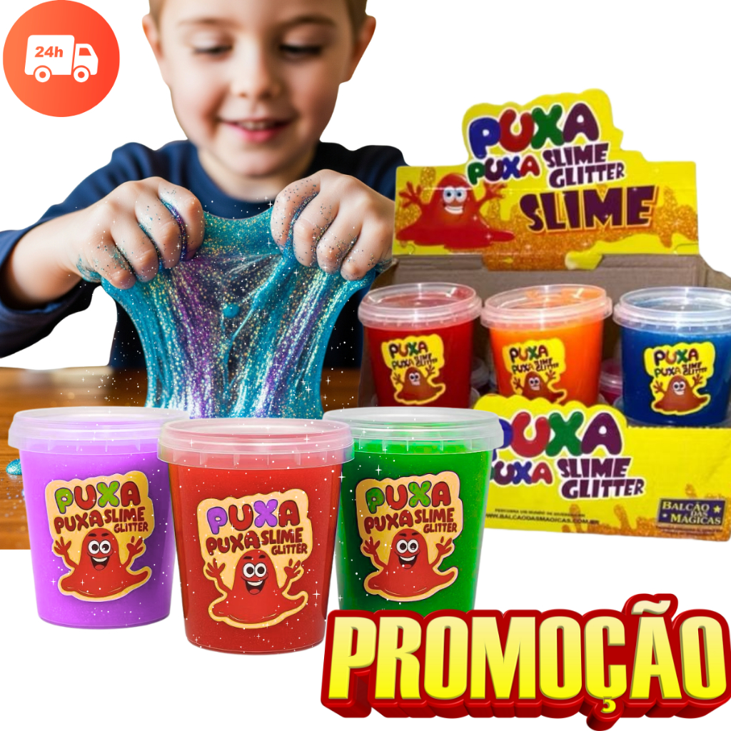 SLIME GLITTER 24 UNIDADES - PUXA PUXA (2 CAIXAS) DE 180G