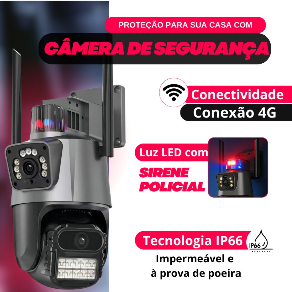 Câmera Externa App V3 4G com Alarme Sirene Lente Dupla 3.6mm Rotação Visão Noturna（Não suporta Wi-Fi）