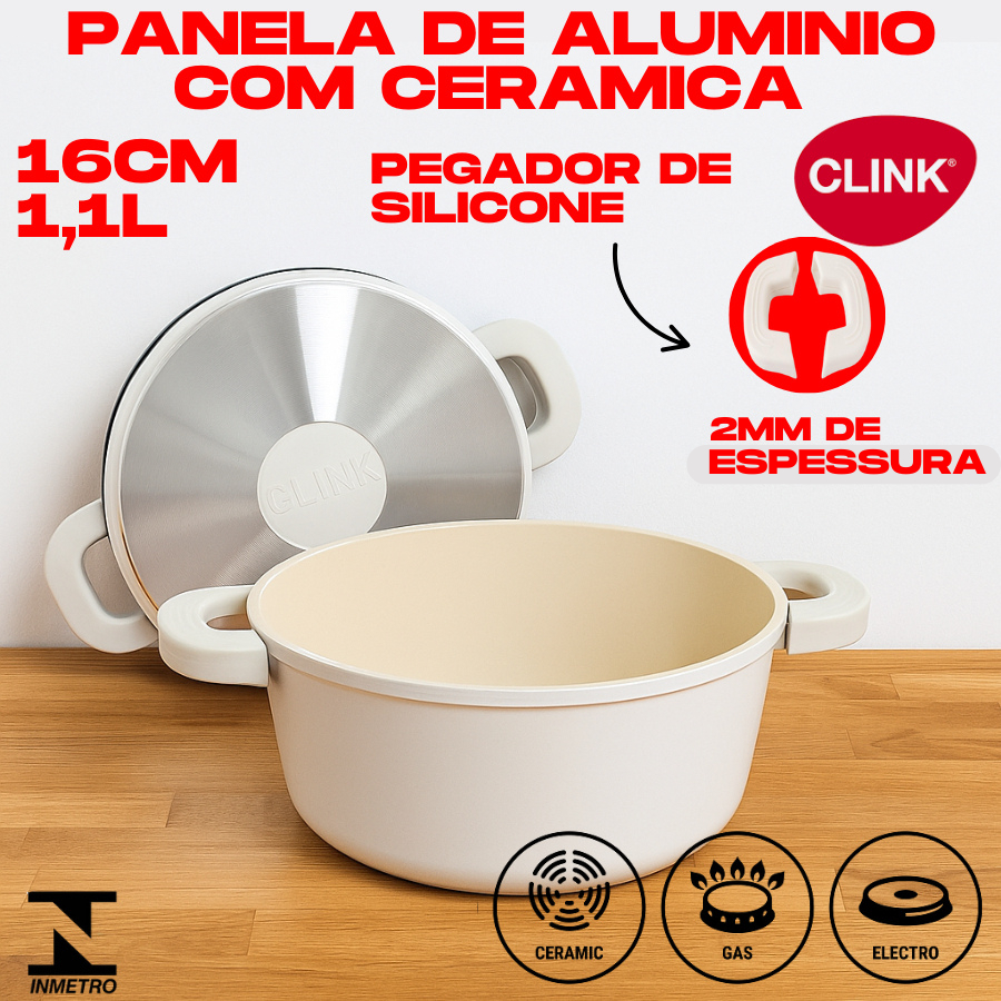Panela Caçarola 1,1L 16CM Com Tampa Revestimento De Cerâmica Antiaderente 2MM E Pegador De Silicone