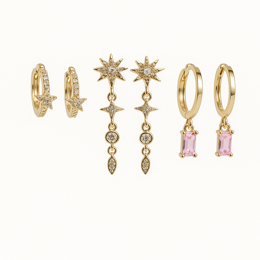 Kit Trio de Brincos (3 Pares) – Banhado a Ouro/Prata, Estilo Estrela & Pingente Retangular