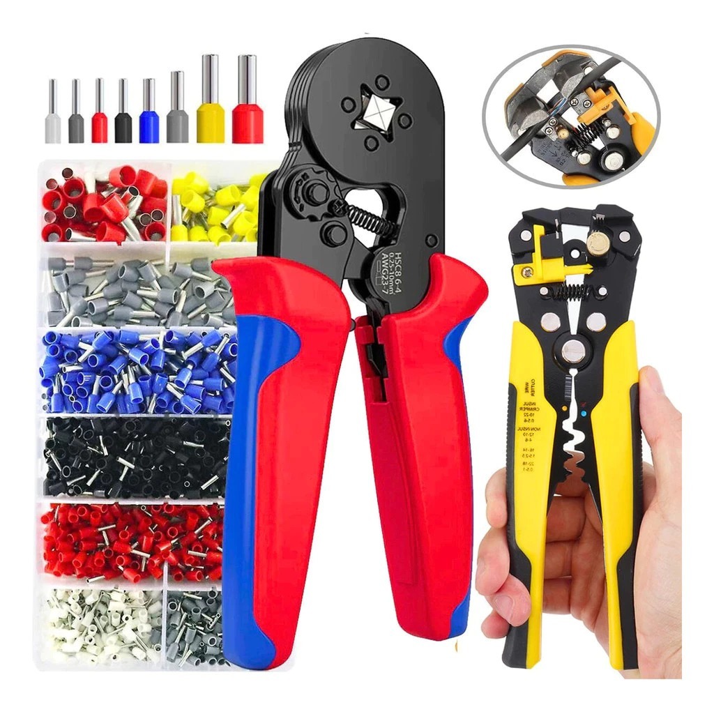 Kit de alicates de crimpagem + 1200 terminais de furos + alicate de decapagem 0,25 a 10mm²