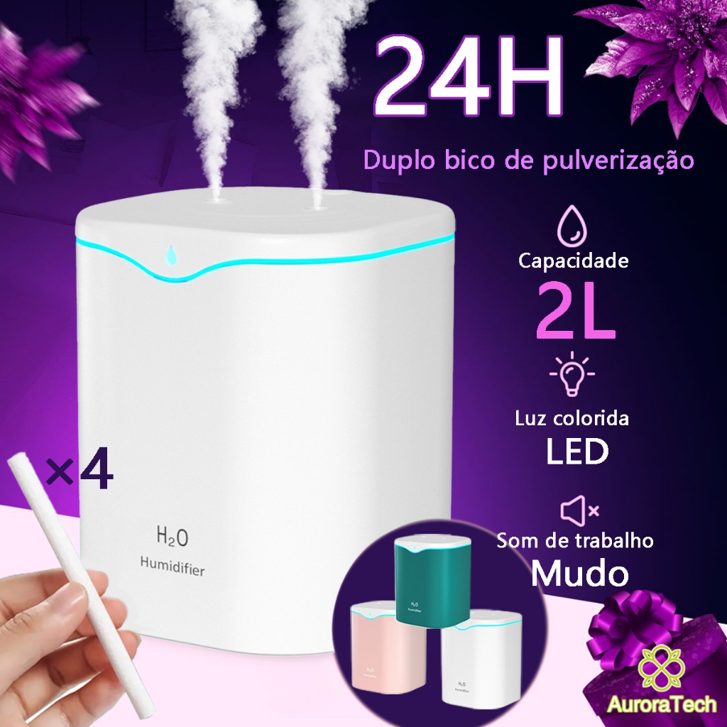 Umidificador De Ar 2000ml Grande Com Bico Duplo LED Ultrassônico Difusor Aromatizador De Ambiente