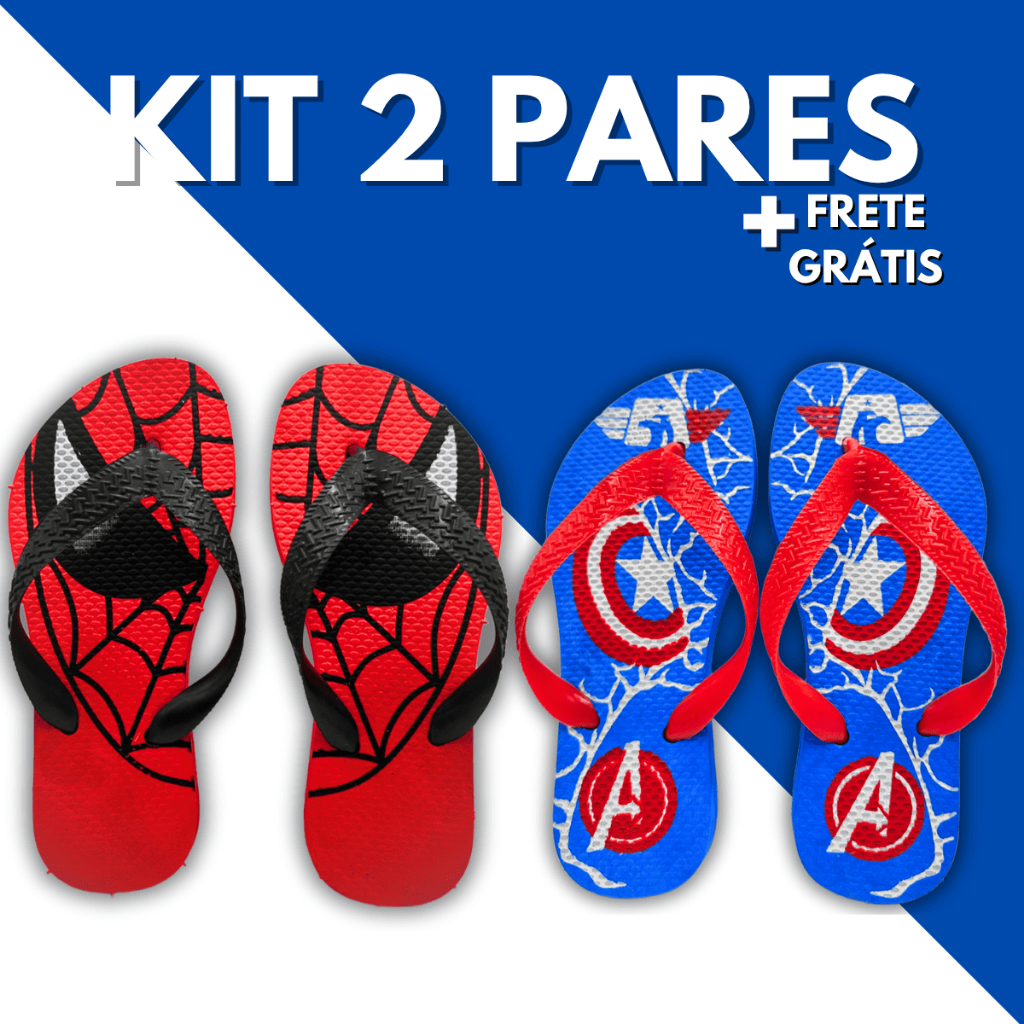 Kit 2 Pares Chinelo Sandalia Masculino Infantil Criança Menino Super Heróis Estampas Vingadores Antiderrapante Macio