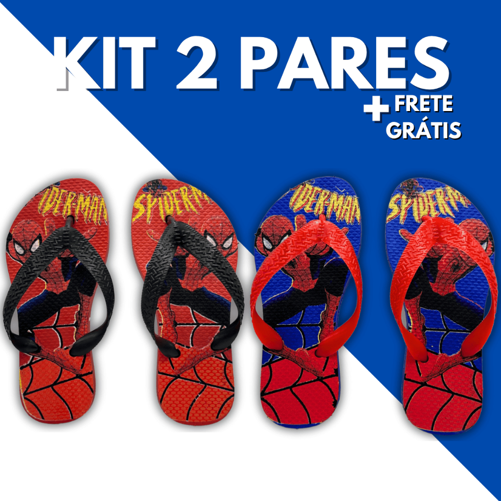 Kit 2 Pares Chinelo Sandália Masculino Infantil Calçado Menino Homem Aranha Confortável Leve Macio Estampas Criança Kids