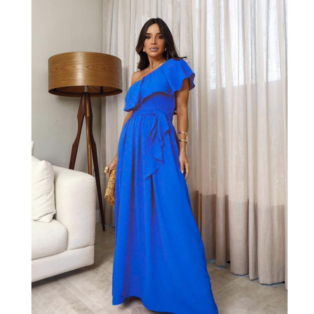 Vestido Nula Manga Longo Feminino Soltinho de Festa Elegante Babado Mula Manca Formatura Casamento