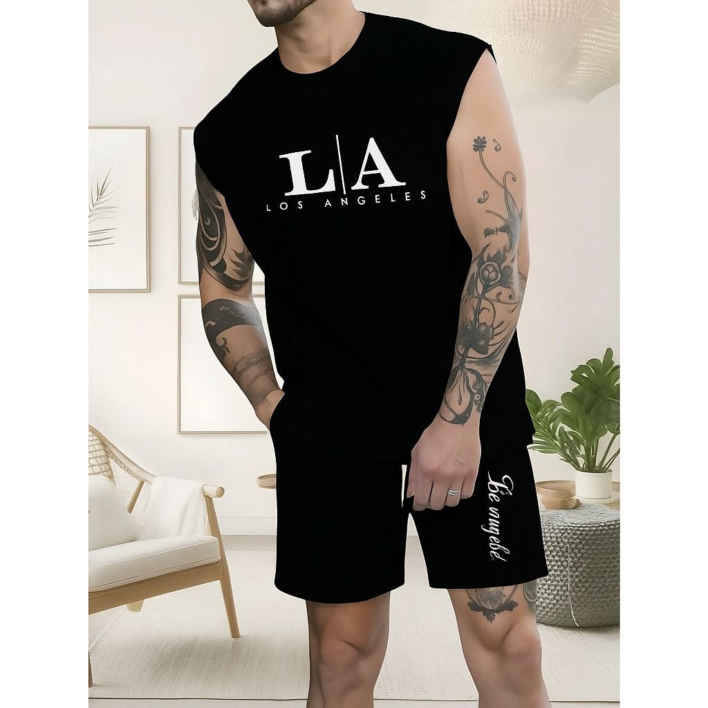 Conjunto Regata Machão L A Los Angeles Camiseta Camisa Masculina Bermuda Moletom com Bolso Algodão Esporte Casual