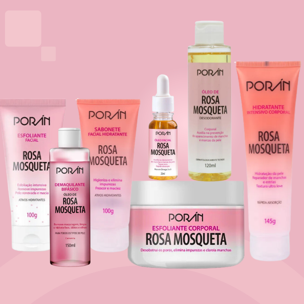 Kit Rosa Mosqueta Corpo e Rosto Vegano Poran Completo 7 Itens