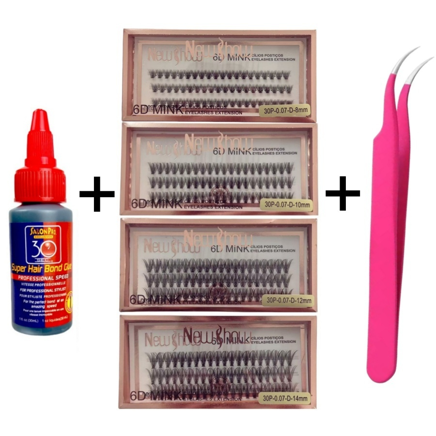 Conjunto de Super Cola Salon Pro 30ml + Pinça Vetus + Cílios 20P/30P -D NEW SHOW - Tufos Sem nó