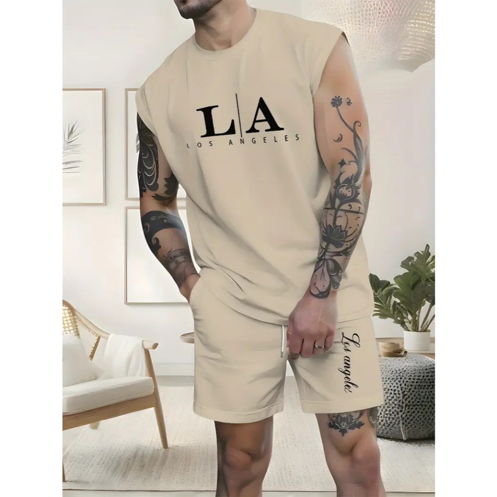 Conjunto Regata Machão L A Los Angeles Camiseta Camisa Masculina Bermuda Moletom com Bolso Algodão Esporte Casual