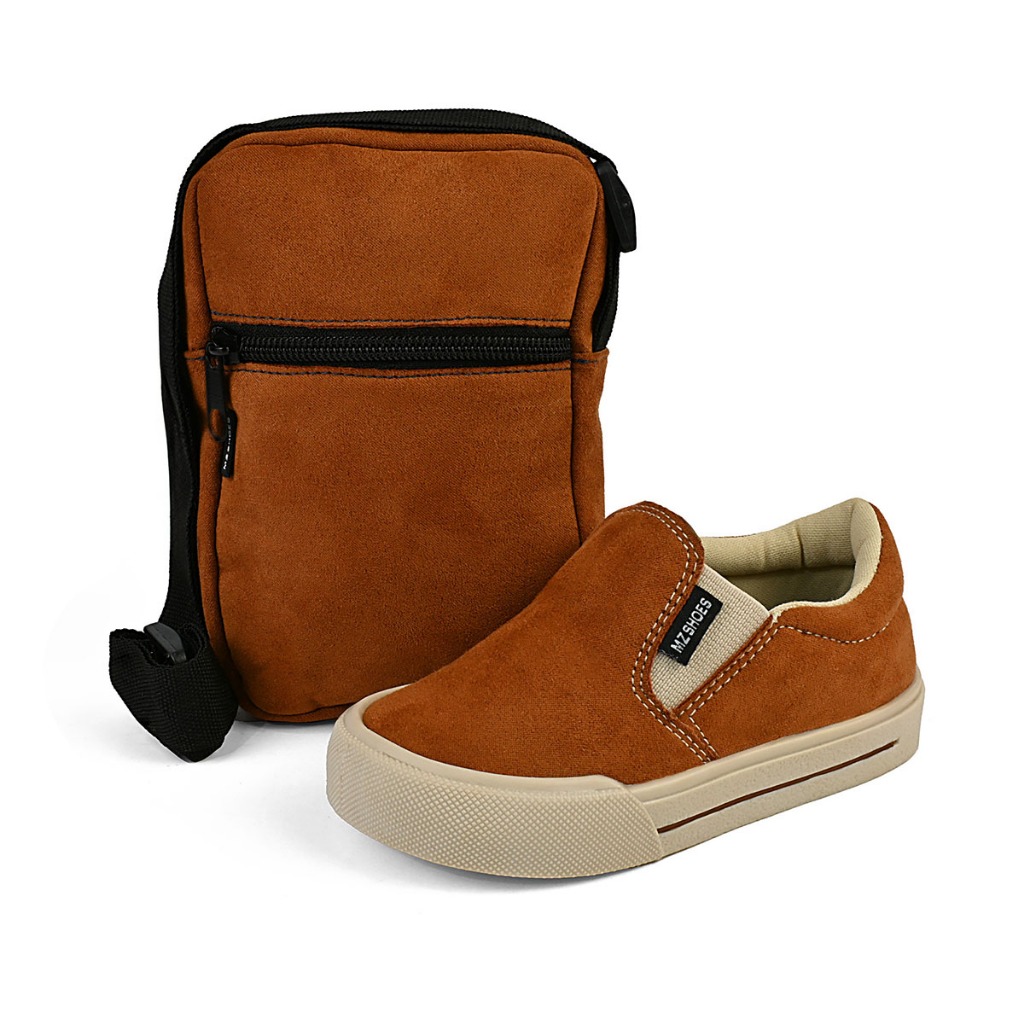 Kit Tênis Slip On Infantil Menino Com Bolsa Iate Calce Fácil Casual Caramelo Lolikids