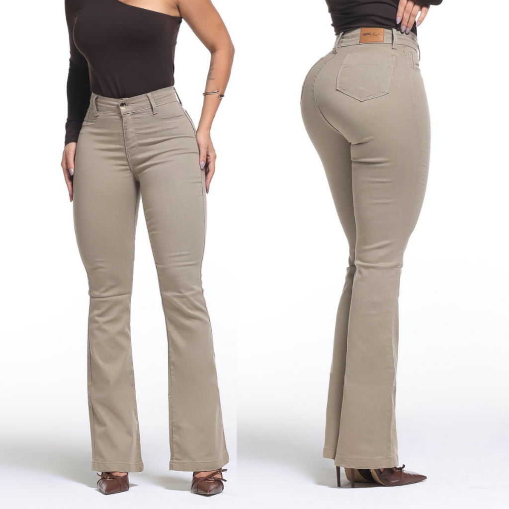 Calça Feminina Flare Pantalona Bege Jeans Premium Empina Bumbum Boca de Sino Cos Alto Com Elastano