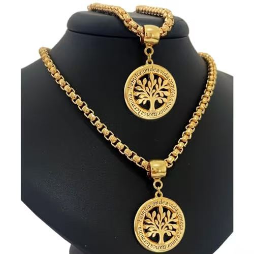 Joia Feminina Elegante – Colar e Pulseira Veneziana com Pingente Árvore da Vida Ouro 18K