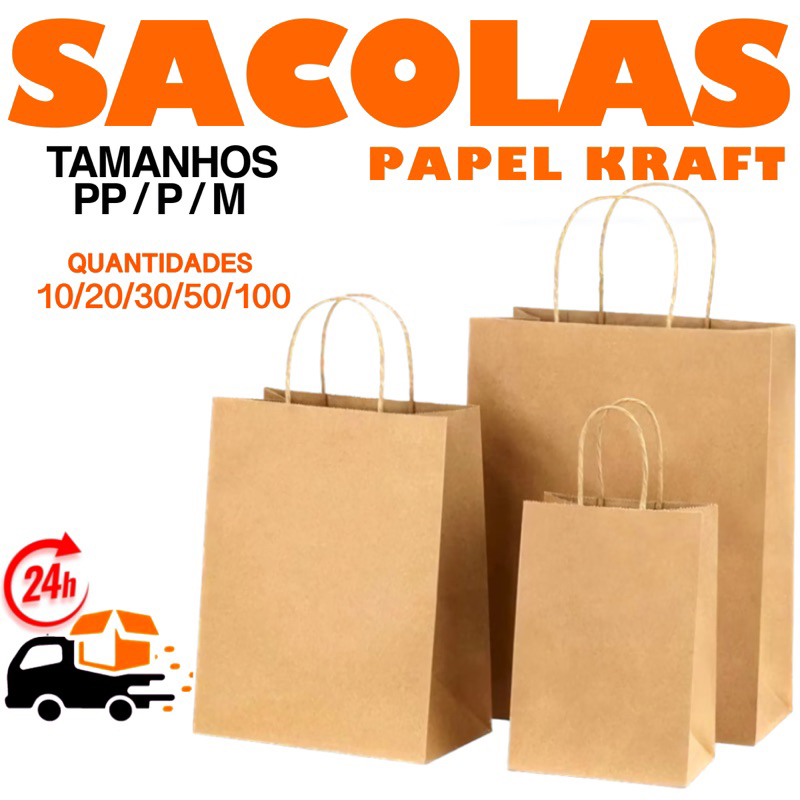 Sacola De Papel Kraft Natural com Alça PP/ P / M /G embalagem delivery festa aniversario presente lembrancinha