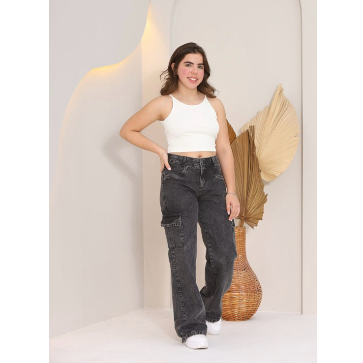 Calça Jeans Feminina Cargo Grafite Cargo Black Reta Menina Adolescente Infantil Juvenil 10-16