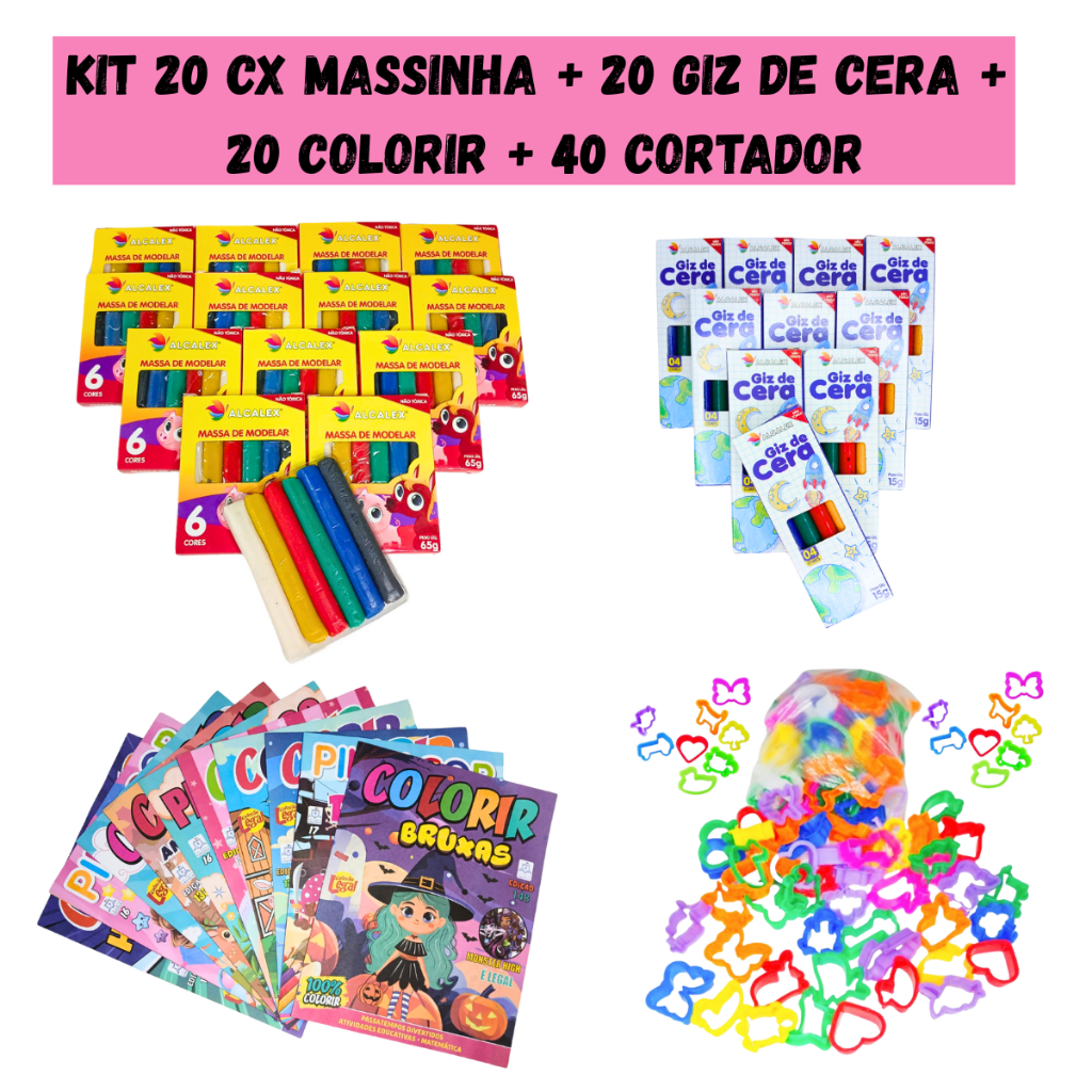 20 Cx Massinha de Modelar + 20 Colorir + 20 Giz de Cera + 40 Cortador Lembrancinha Infantil