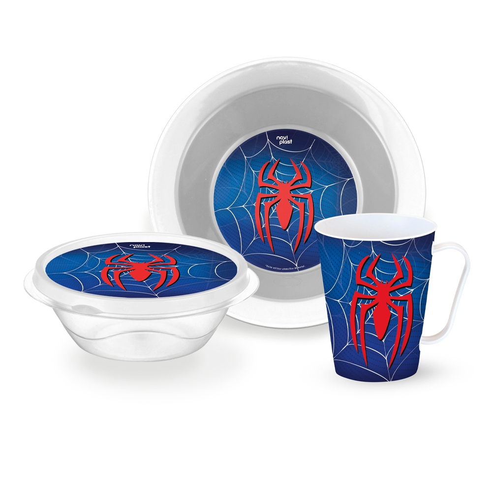 Kit Infantil Prato Pote e Caneca 430 ML Lanche Refeição Menino Aranha Heróis Dinossauro Astronauta