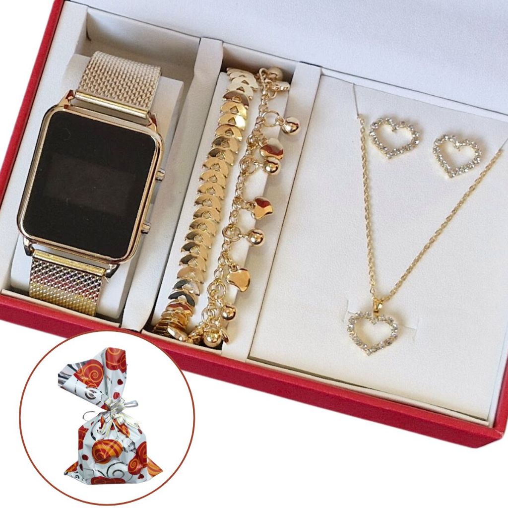 Relógio Digital Feminino Led + Colar Brincos Folheado Ouro + Pulseira C Caixa - Presente dia das Mães, presente de natal