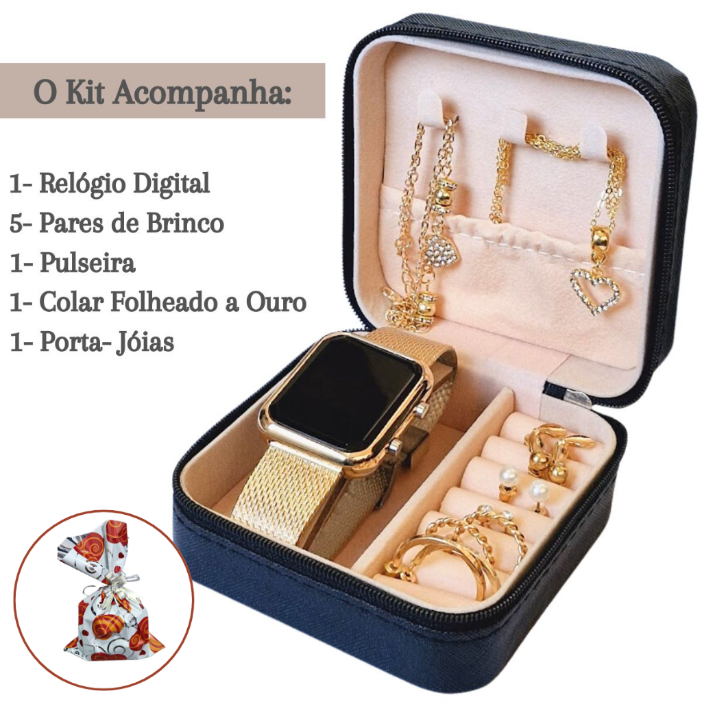 Relogio femenino Digital Led Dourado  - 6 pares de Bincos mulher Colar Pulseira Porta Joias - Presente de natal Mulher