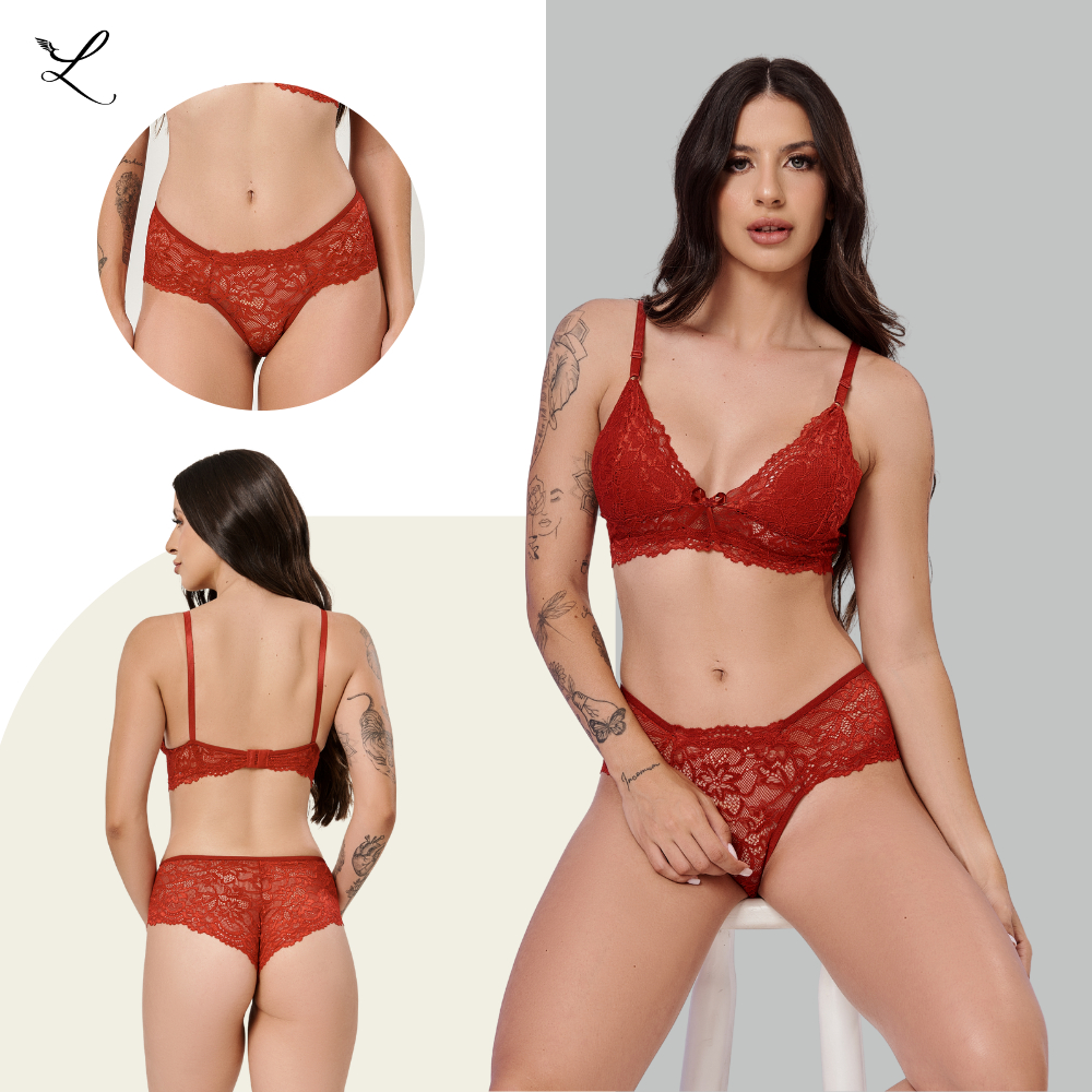 Conjunto Lingerie Calcinha e Sutiã Renda Sem Bojo