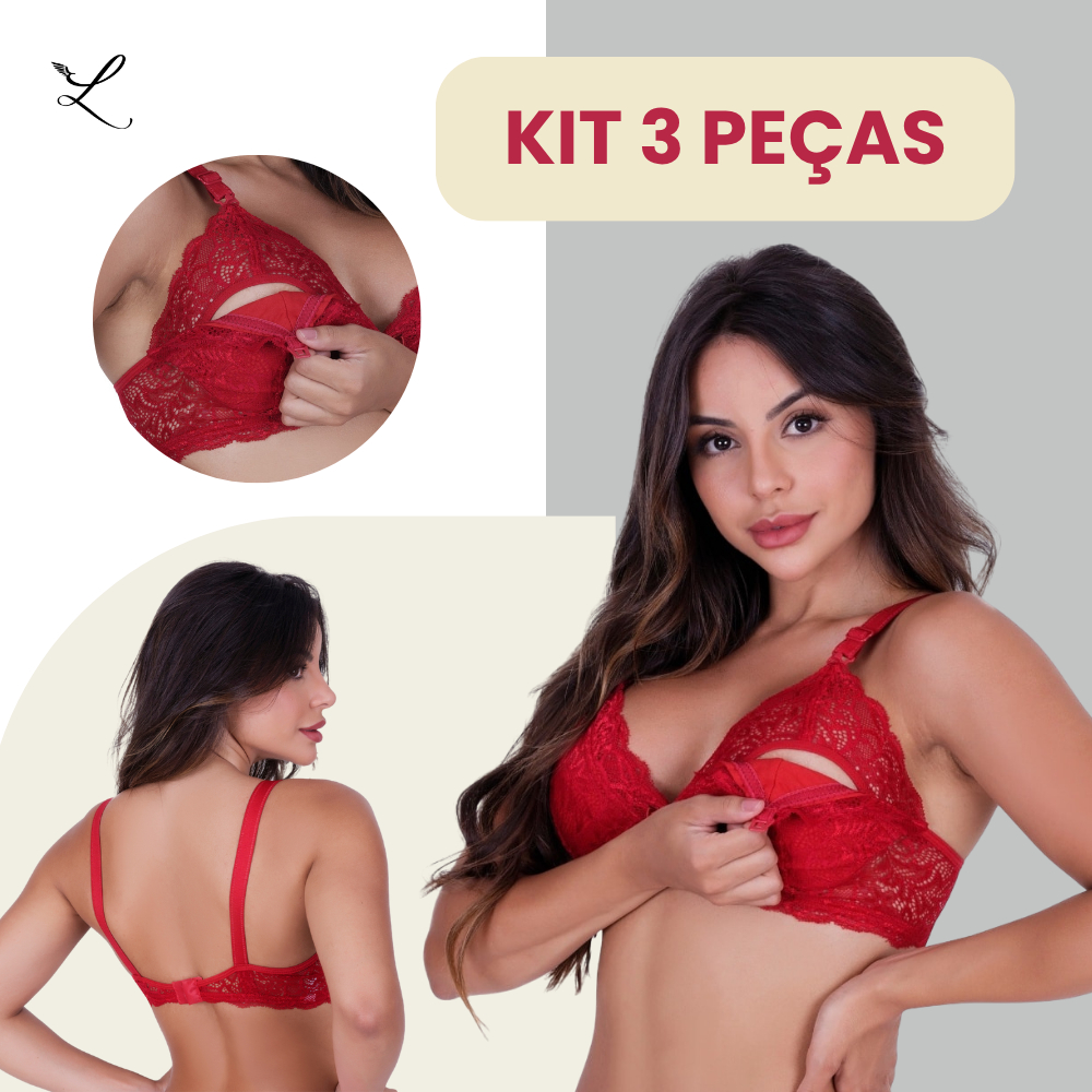 Kit 3 Sutiãs Amamentação Renda Conforto Sem Bojo Alças Largas Pós-Parto LyStore - Frete Grátis