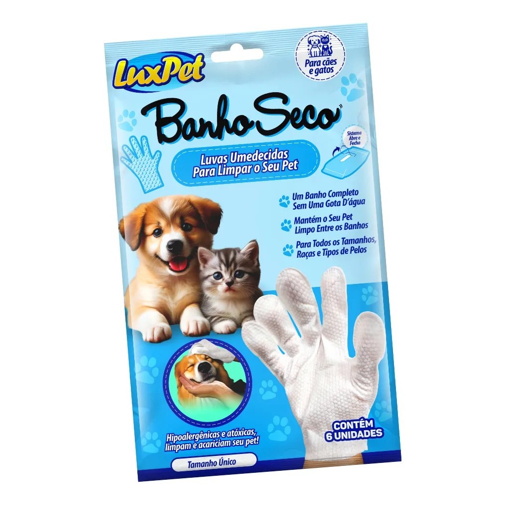 Luvas Umedecidas Higienização De Pets Banho A Seco 6 Unid Branco