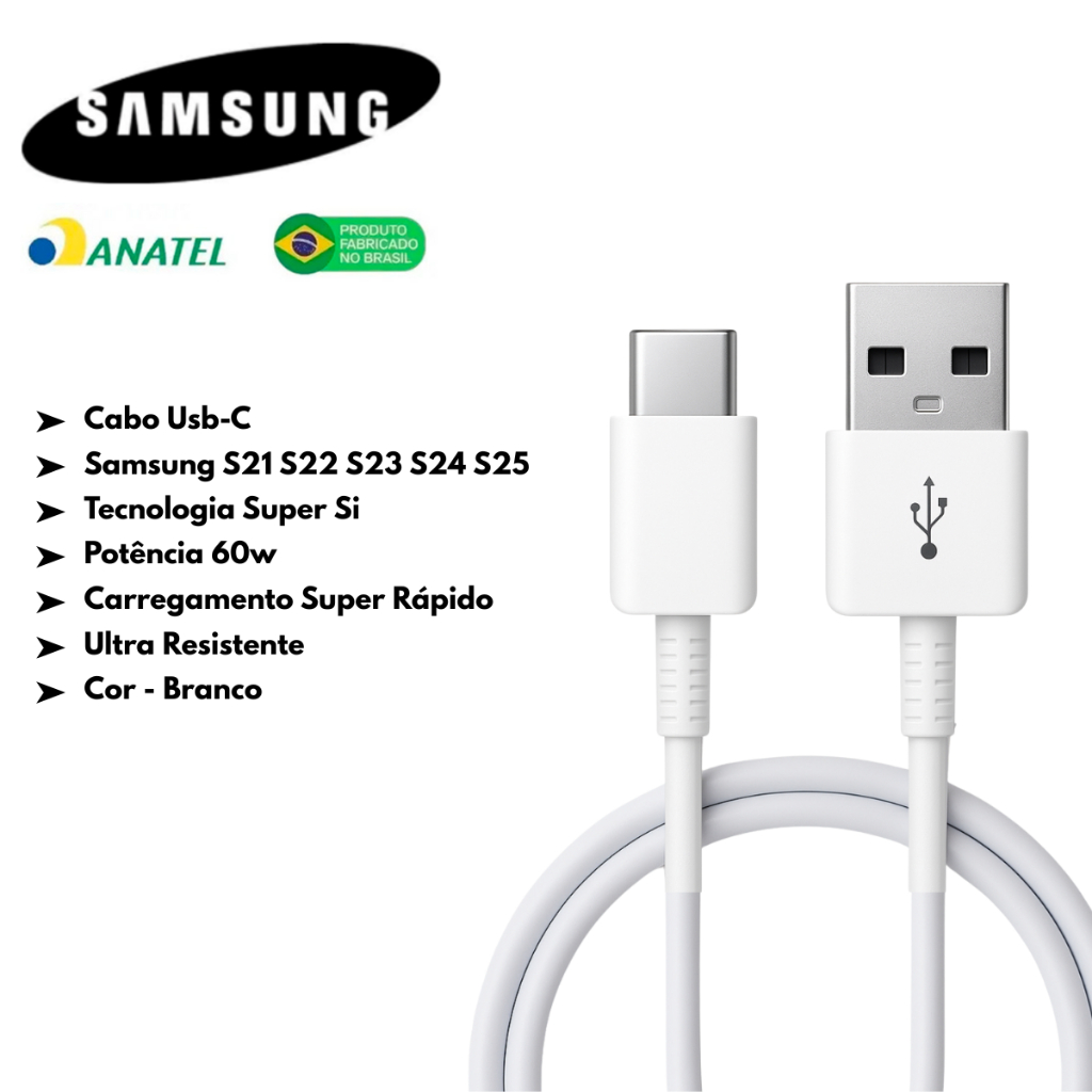 Cabo Carregador Samsung A04 A05 A06 A15 A16 A22 A31 A33 A52 A54 A55 S21 Fe S22 + Turbo Original