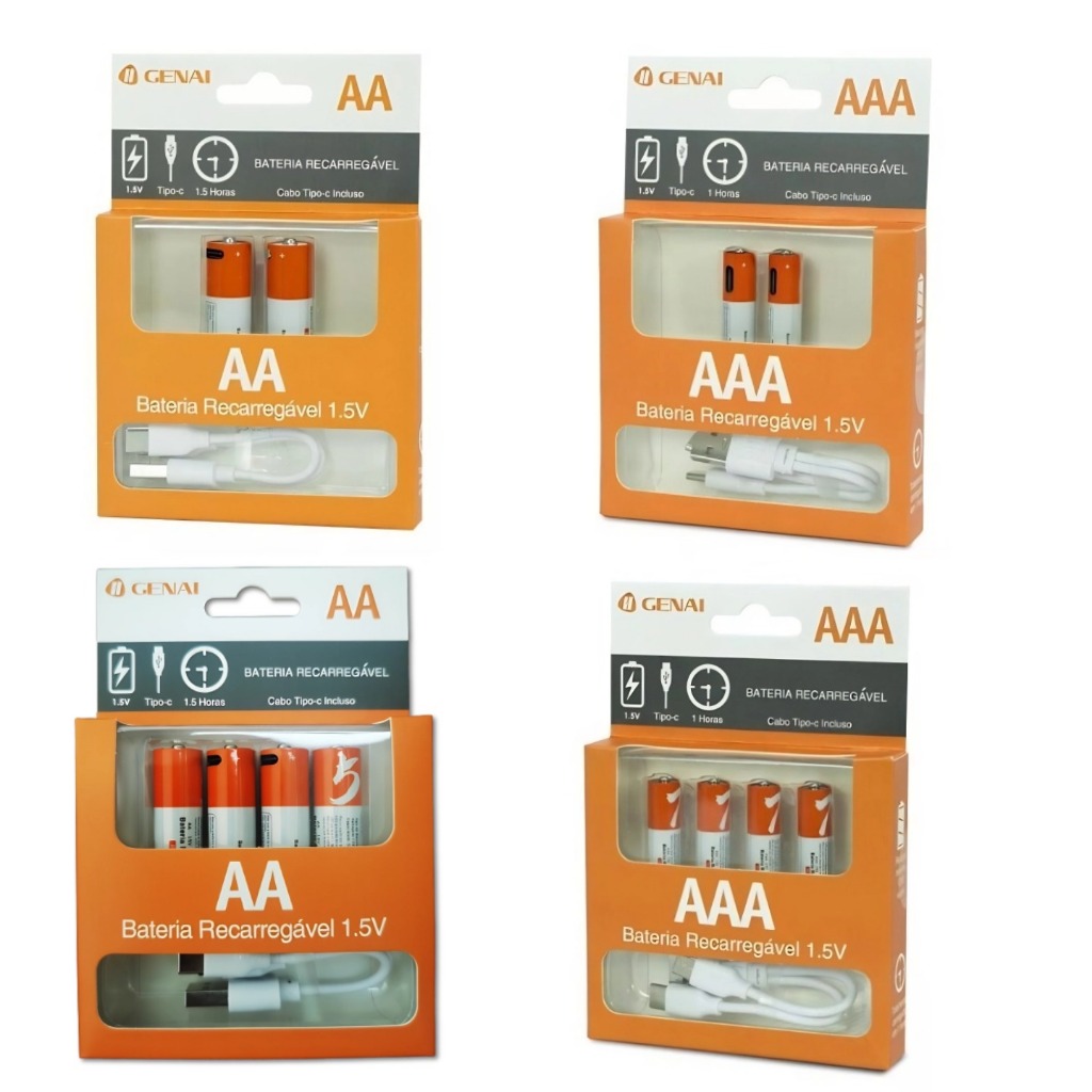Bateria Recarregável Pilhas AA AAA 1.5v Usb-C para brinquedos, controles, relogios