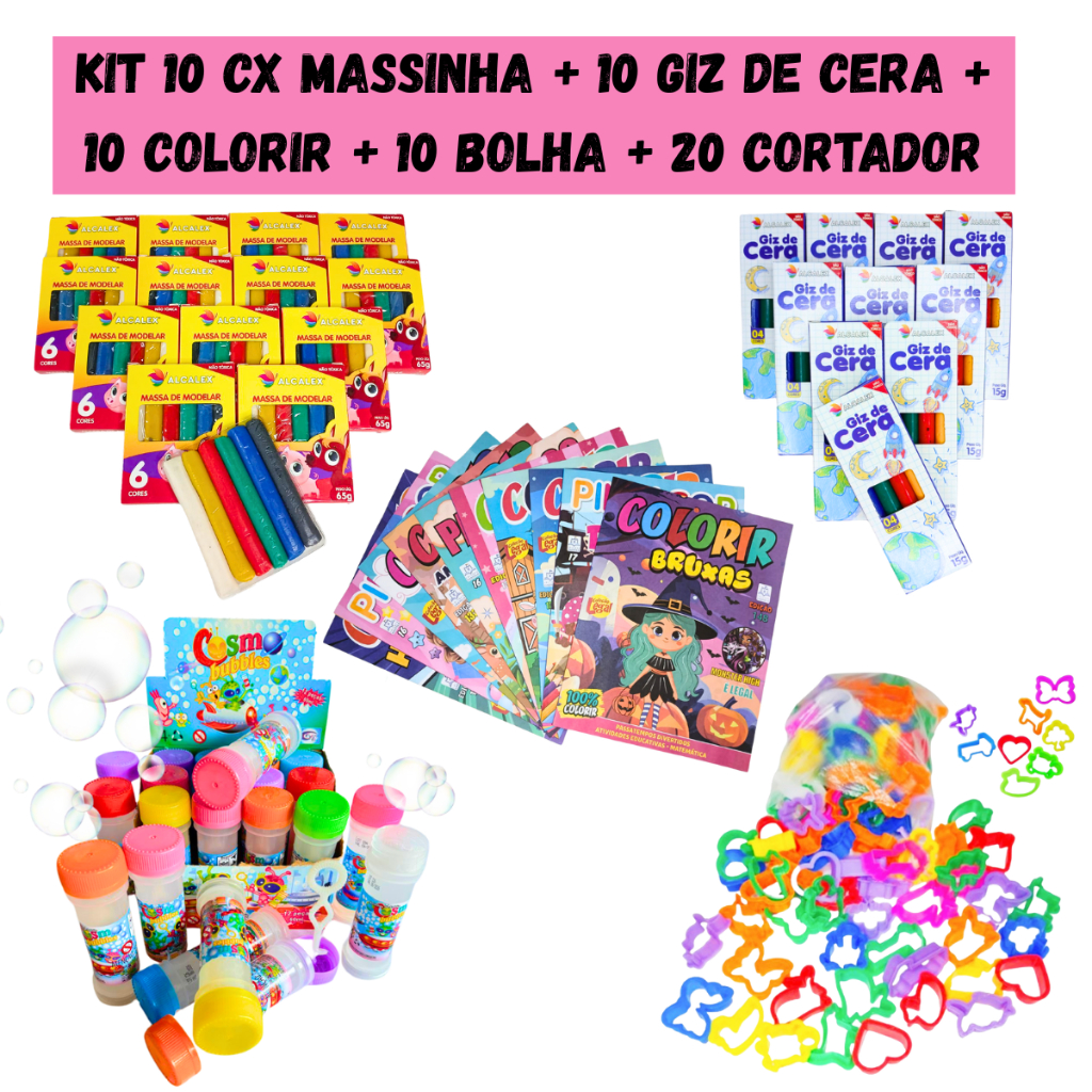 Kit 10 Massinha Modelar + 10 Bolha Sabão + 10 Giz Cera + 10 Colorir + 20 Corta Lembrancinha Infantil