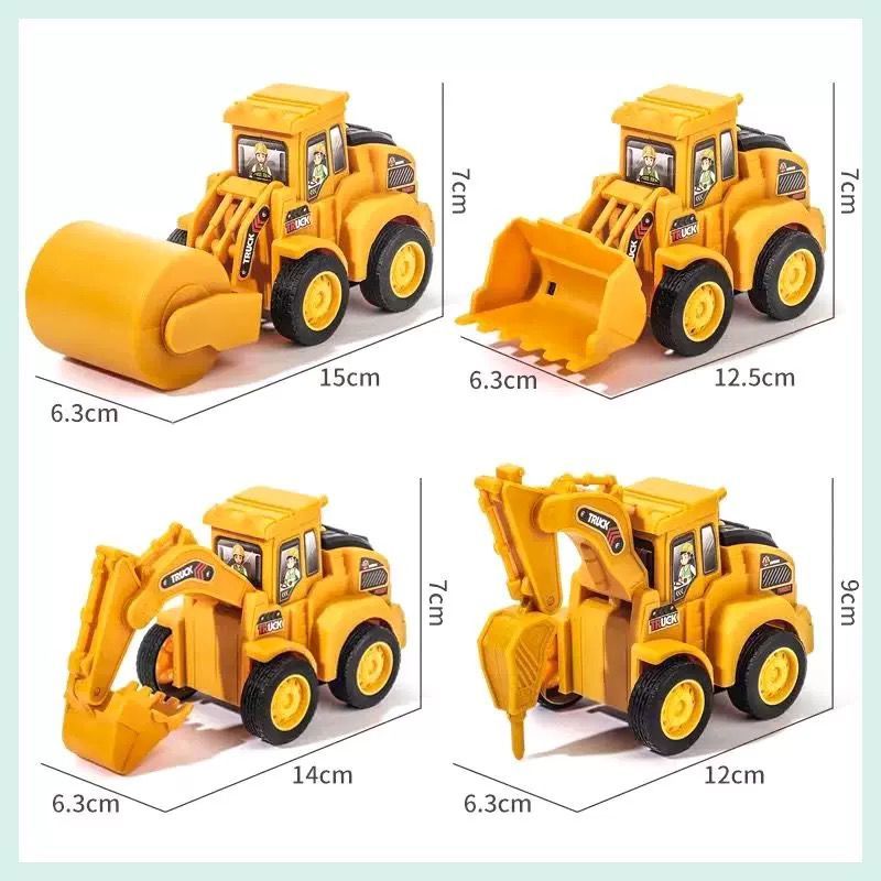 Kit 4 Caminhões de Construção com Fricção  Escavadeira, Pá, Retro e Rolo – Diversão Garantida!