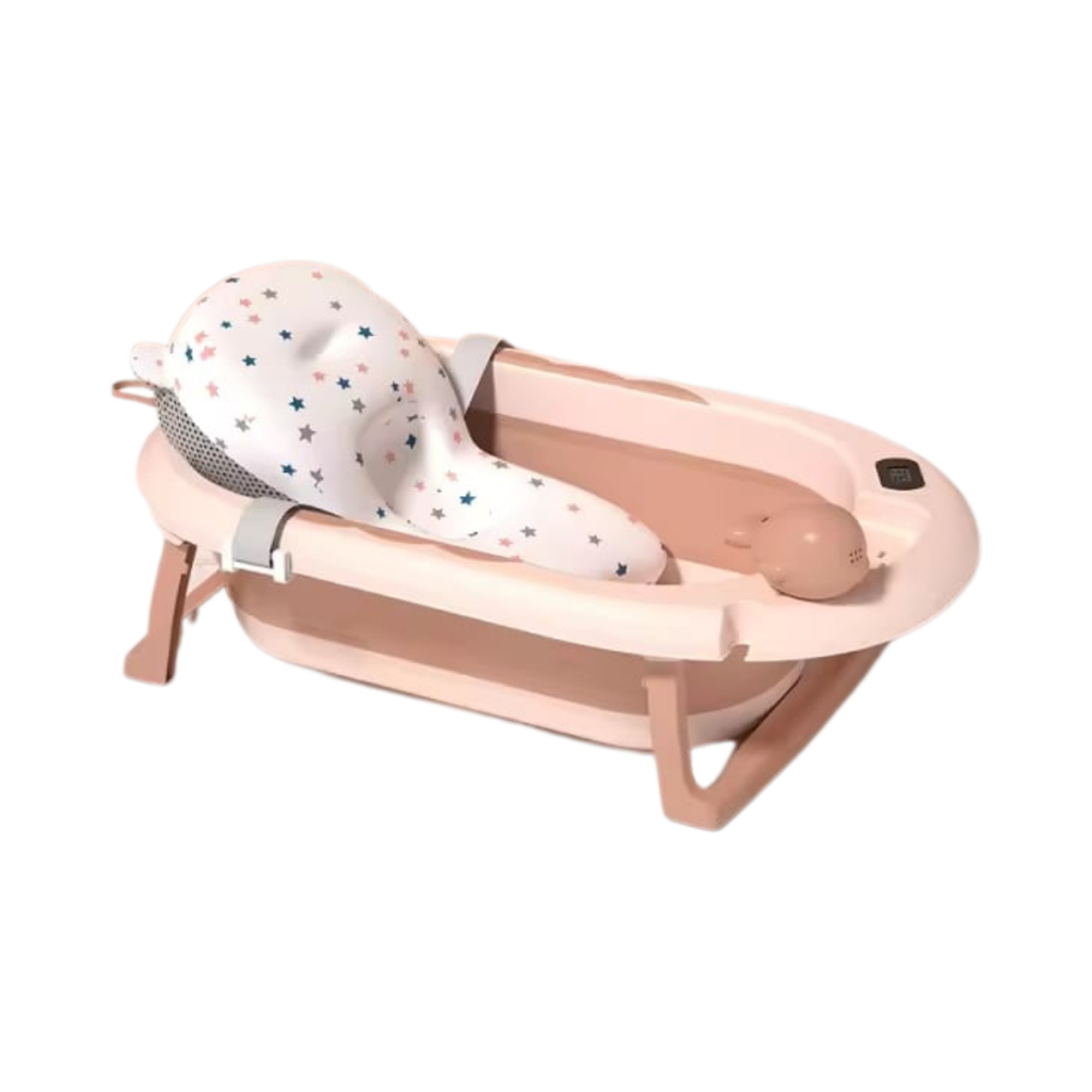 Banheira rosa para bebe com termômetro digital + almofada + chuveirinho de mão