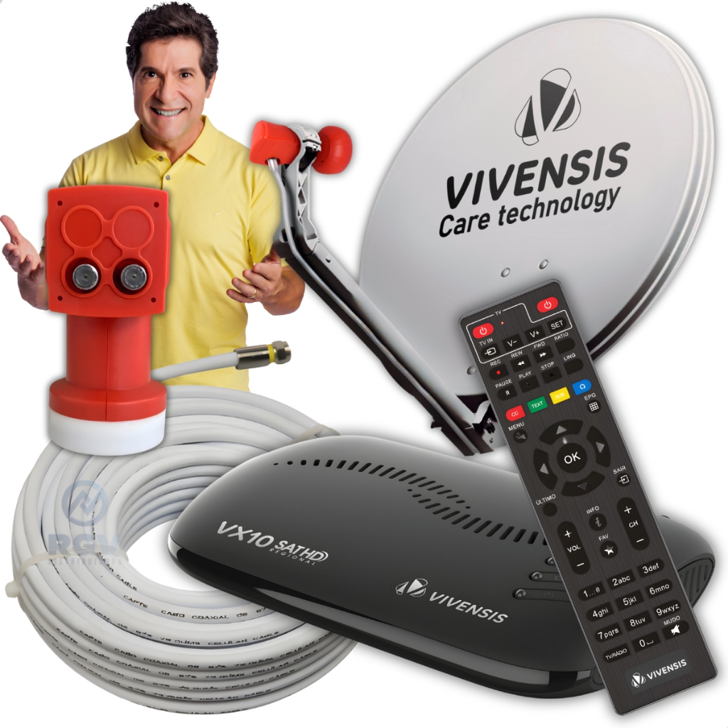 Kit Receptor Vivensis Vx10 Com Parabólica 60cm Cabo Coaxial de 15 metros LNBF Duplo Com Conectores