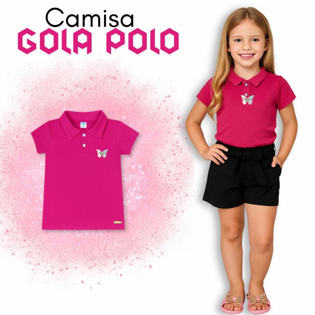 Camisa Polo Infantil Feminina em Malha Canelada com Botões e Aplique de Borboleta – Tamanhos 4 ao 14