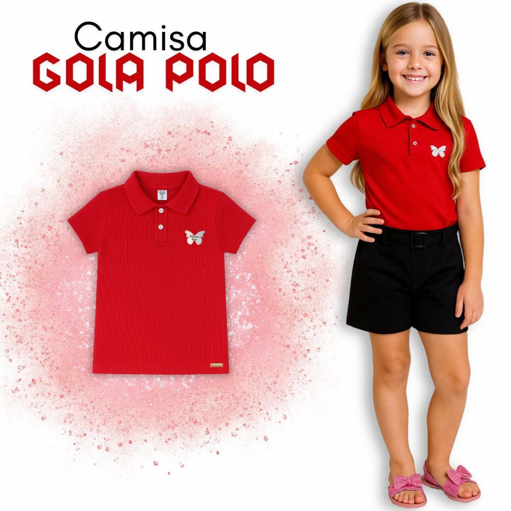 Camisa Polo Infantil Feminina em Malha Canelada com Botões e Aplique de Borboleta – Tamanhos 4 ao 14