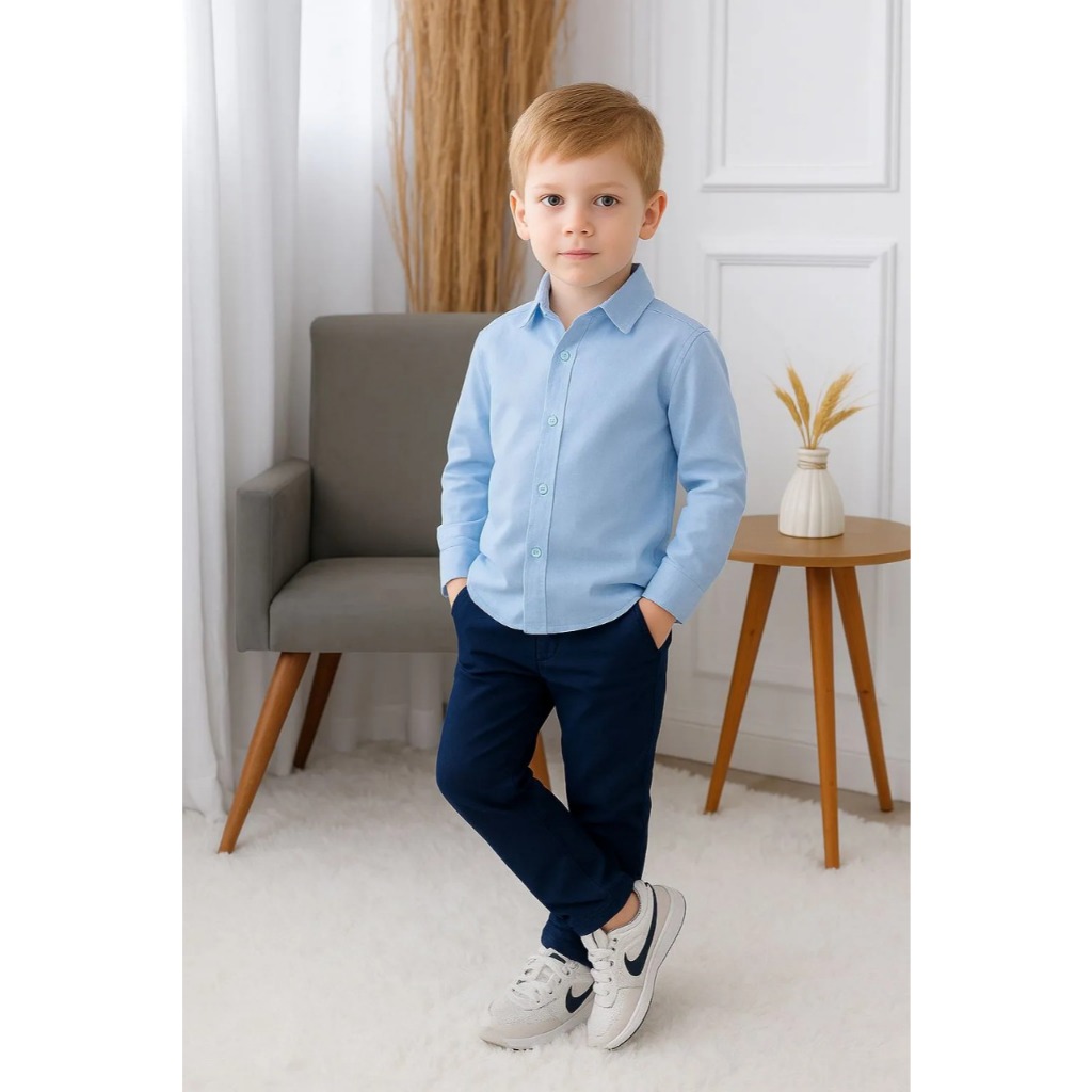 Calça Azul Marinho com Camisa Longa Azul Clara Infantil