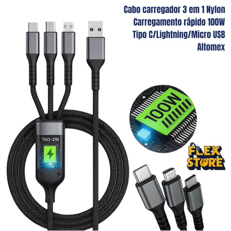 Cabo de Dados 3 em 1 Nylon Cabo Carregador Carregamento Rapido 100w com 3 saídas com Led Tipo C/Lightning/Micro USB