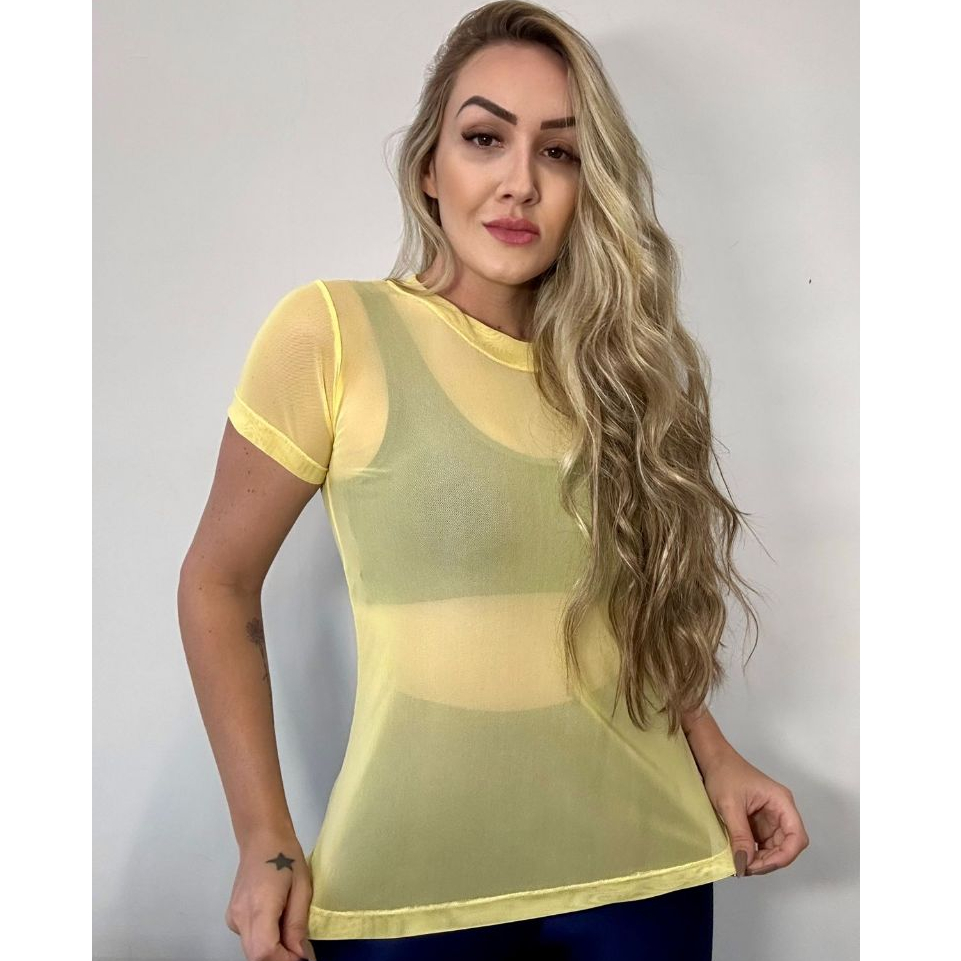 Blusa Feminina Tulê Fitness Academia Transparente Dry Fit